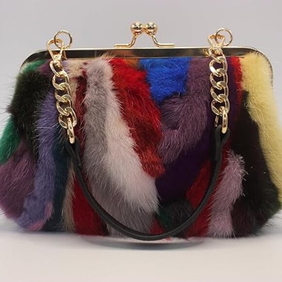 Neiman Marcus Mink Fur Multicolor Print Clutch Bag - Picture 2 of 7